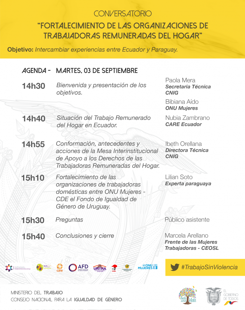 Agenda de trabajo del Conversatorio sobre "Fortalecimiento de las organizaciones de Trabajadoras Remuneradas del Hogar TRH a cargo de Lilian Soto exerta paraguaya".